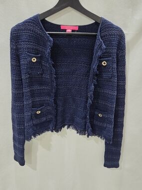 Lilly Pulitzer Navy Fringe Knit Cardigan with Pocket Buttons